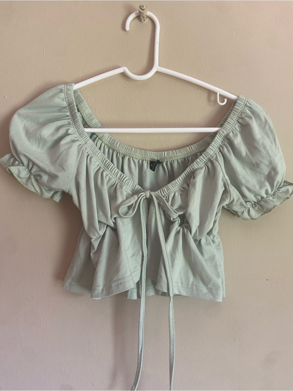 Fairycore Cottagecore Y2K Coquette Ruffle Mint Tie-Front Puff Sleeve Crop Top